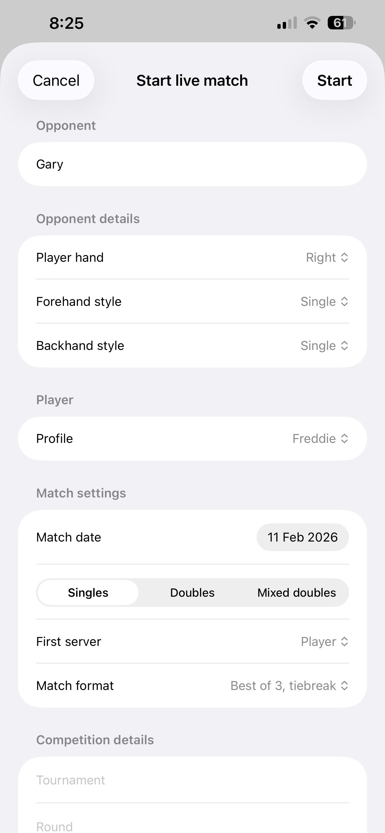 Start live match, match setup