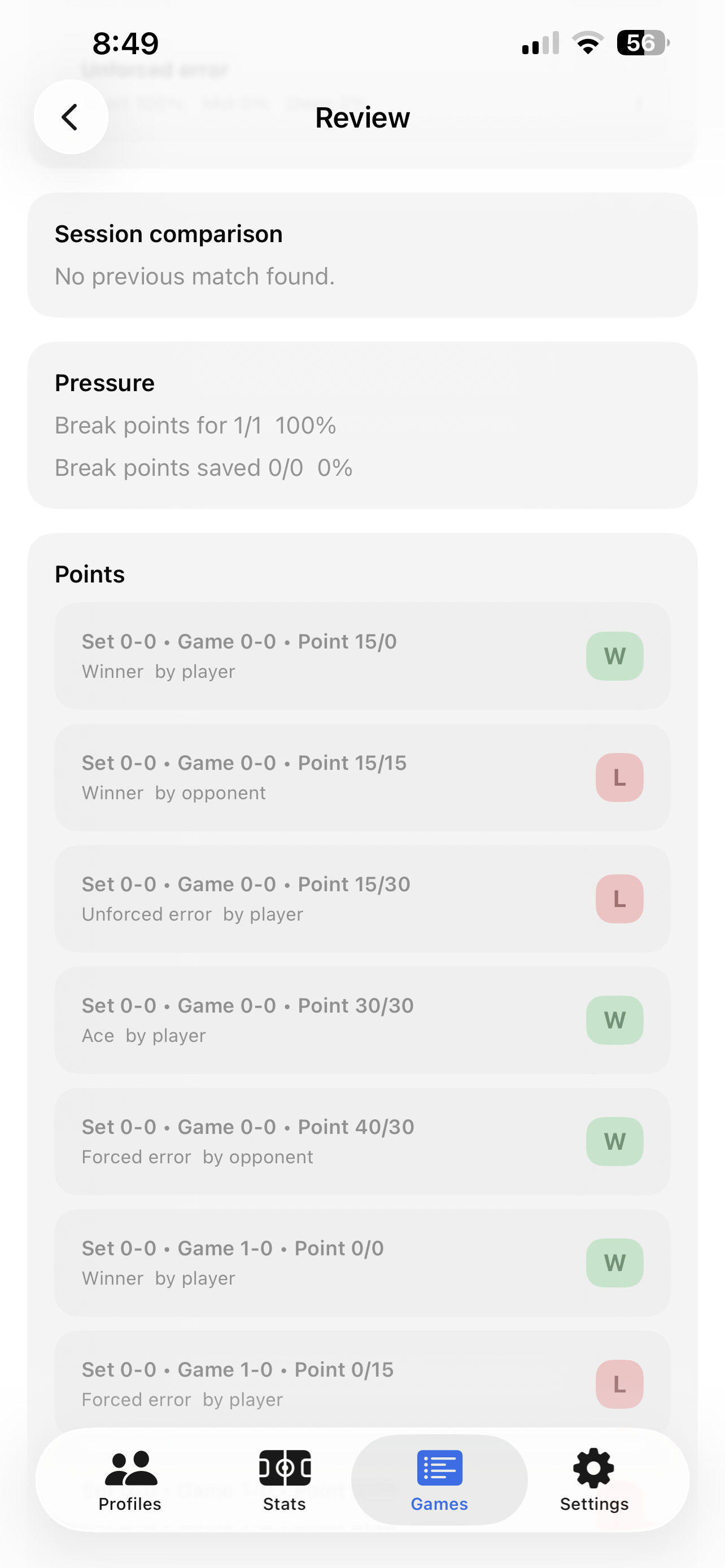 Points list, pressure