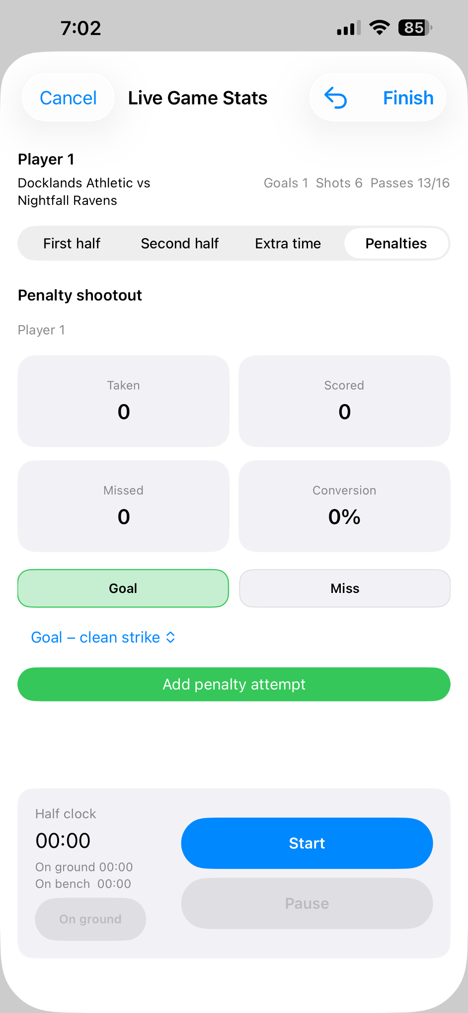 Period selection and match timer controls